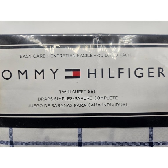 Tommy Hilfiger 3 pc Tull Sheet Set Blue Windowpane Blue White NWT - Picture 2 of 8